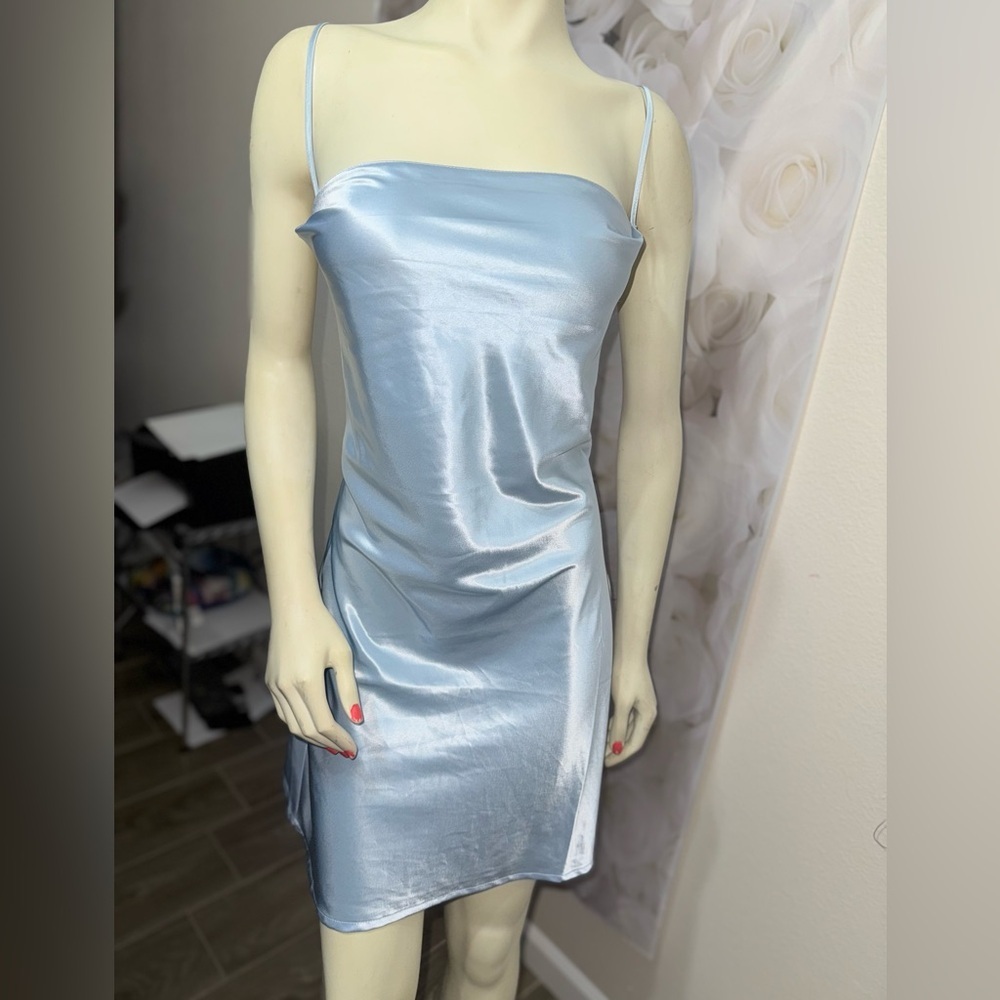 H&M Divided Satin Mini Slip Dress light blue Cowl Neck Backless Y2K Coquette L - Picture 2 of 11